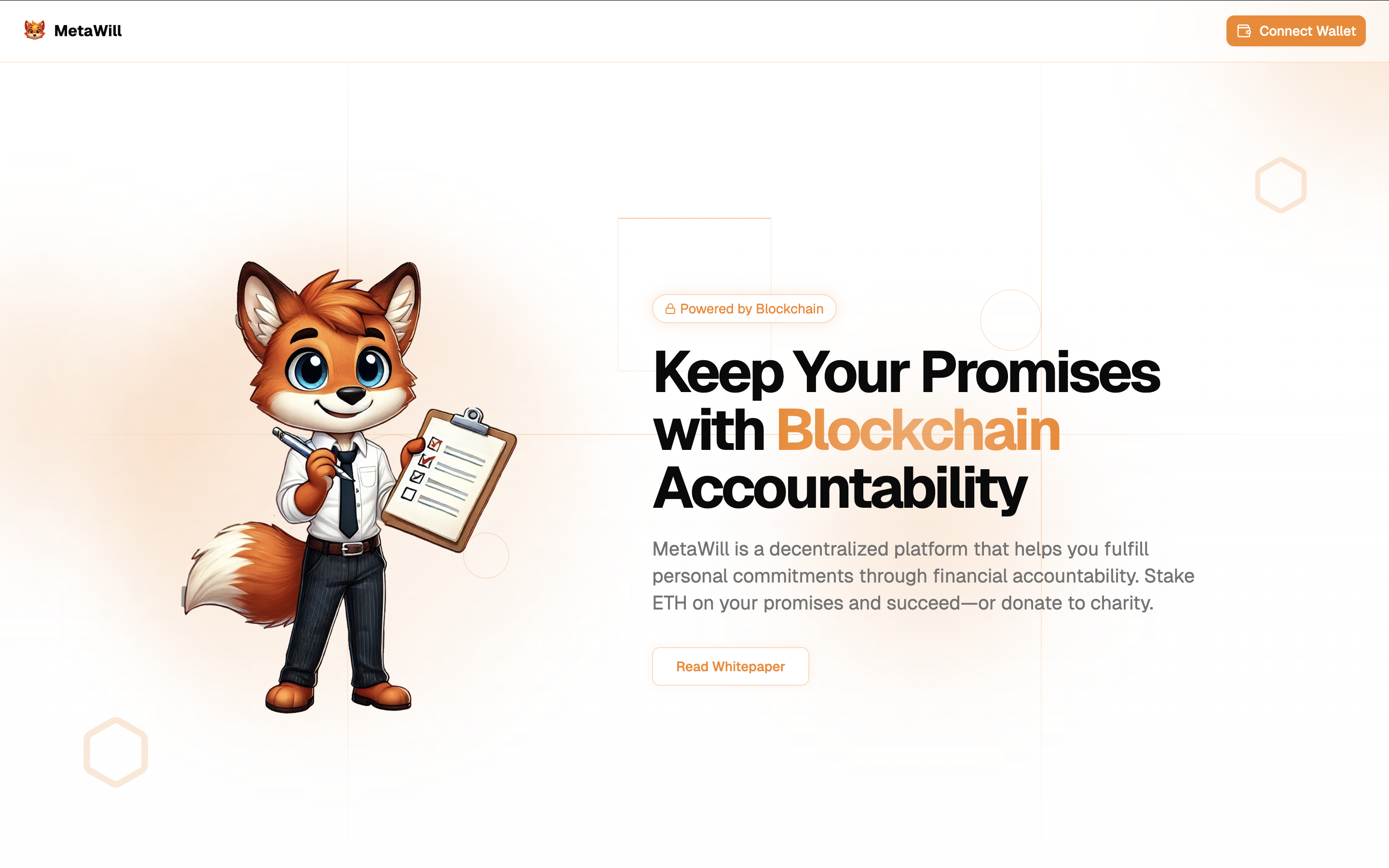 MetaWill interface showing blockchain-backed personal commitments